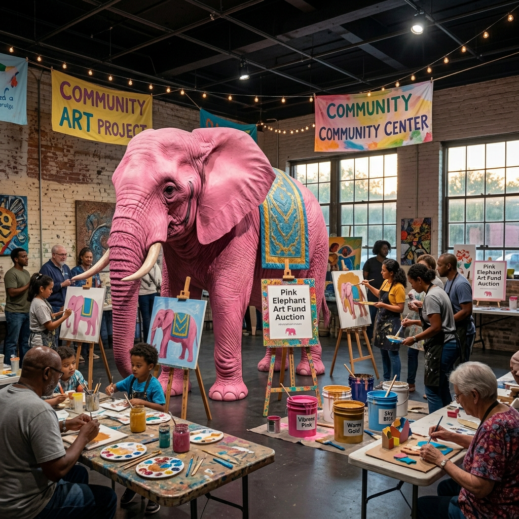 A sprawling community mural on a brick wall, depicting a procession of stylized pink elephants carrying symbols of different causes—ribbons, books, leaves, and musical notes—rendered in bold, saturated colors. The bricks’ rough texture shows through the paint, adding depth and authenticity. At the mural’s base, closed paint buckets, rollers, and drop cloths lie neatly arranged, suggesting recent collaborative work without any people present. Late-day golden hour light grazes the wall from the side, emphasizing texture and creating long, gentle shadows. Photographic realism, captured from a low-angle perspective that makes the mural feel monumental, with strong leading lines drawing the eye along the wall, embodying community impact and positive change.